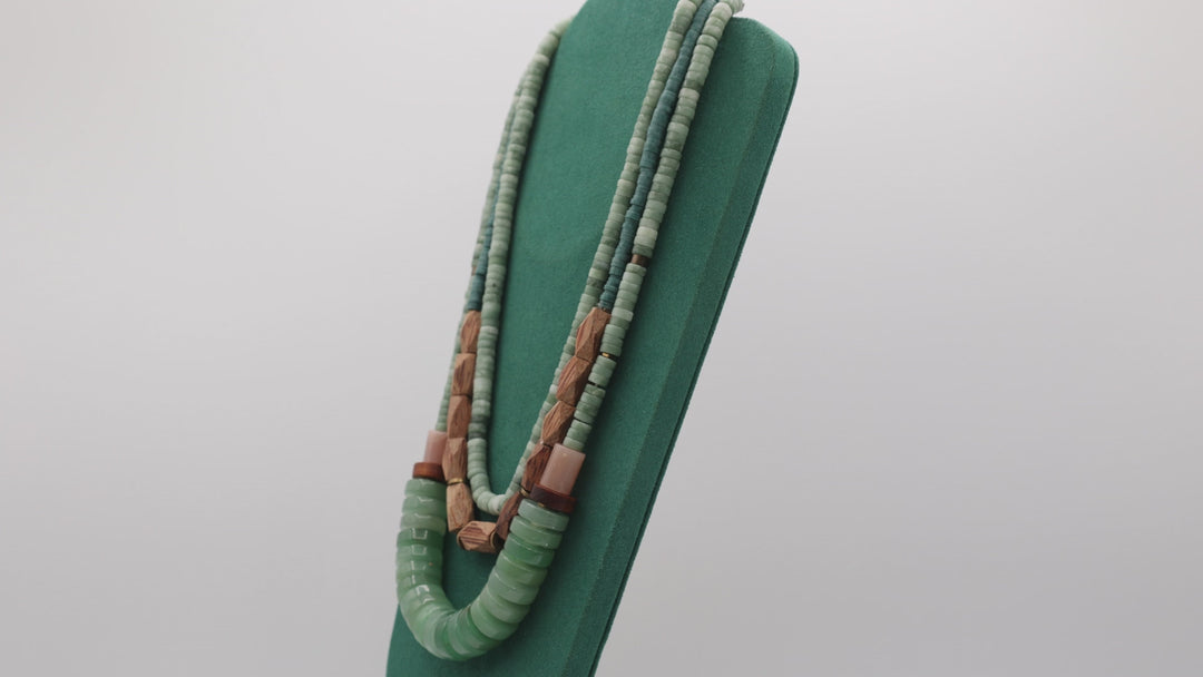 Costume Serefina Chrysoprase Jade and Wood Triple Strand Beaded Necklace