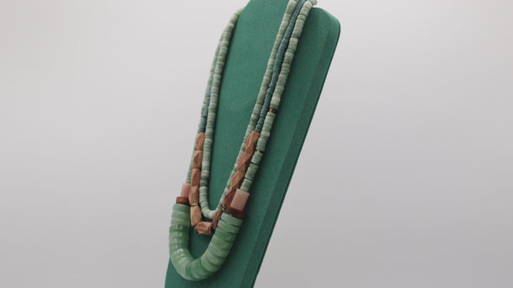 Costume Serefina Chrysoprase Jade and Wood Triple Strand Beaded Necklace