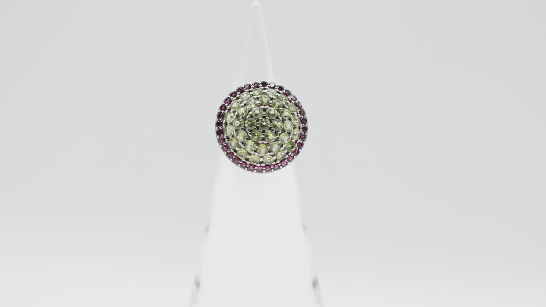 925 Sterling Silver Dome Green Quartz and Pink Quartz Halo Ring Size 8