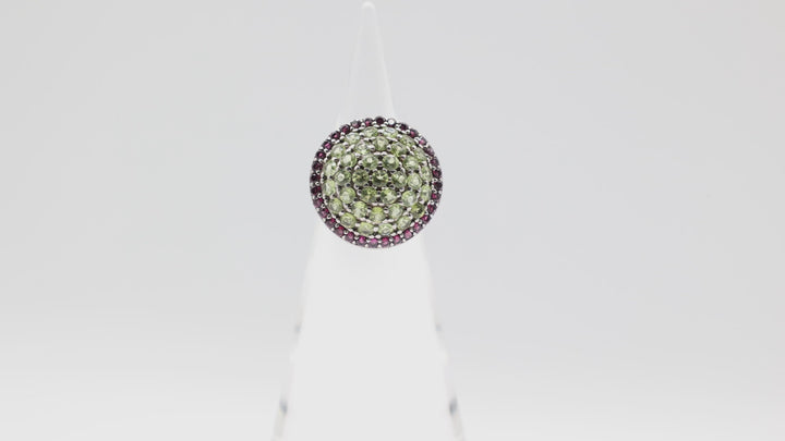 925 Sterling Silver Dome Green Quartz and Pink Quartz Halo Ring Size 8