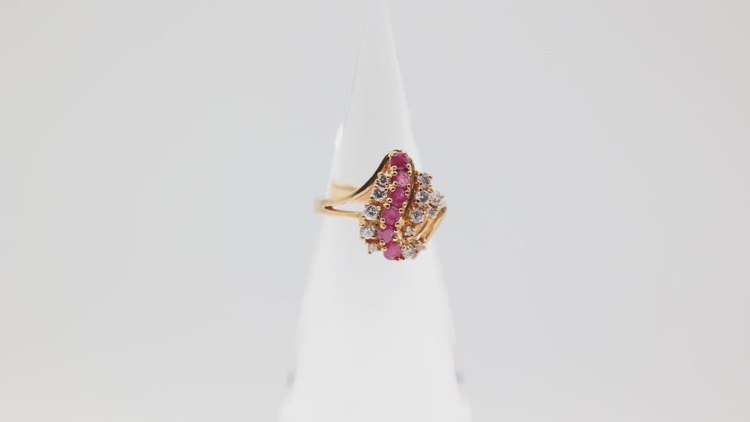 Yellow Gold Tone 2mm 6 Pink Rubys and White Quartz Ring Size 7