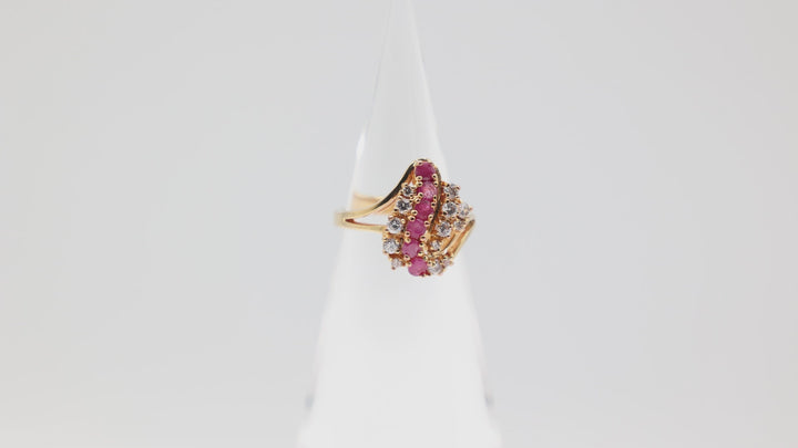 Yellow Gold Tone 2mm 6 Pink Rubys and White Quartz Ring Size 7