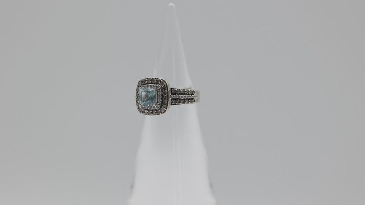 14K White Gold LeVian Cushion Cut 6mm Blue Aquamarine Diamond Halo Ring 6.25