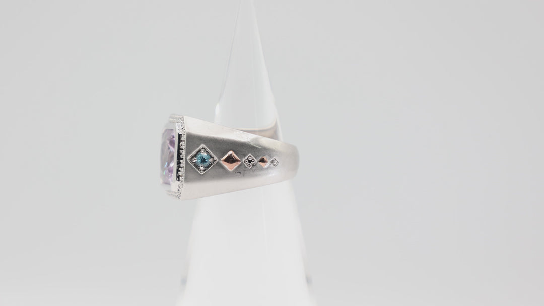 925 Sterling Silver Amethyst Rectangle Ring with White Diamond Halo and Blue Topaz Accents Size 9