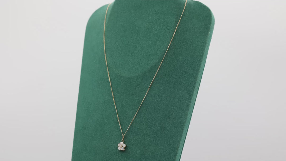 14K Yellow Gold Opal Flower Necklace With White Diamond 1mm 16 Inch