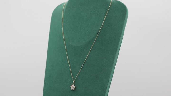 14K Yellow Gold Opal Flower Necklace With White Diamond 1mm 16 Inch