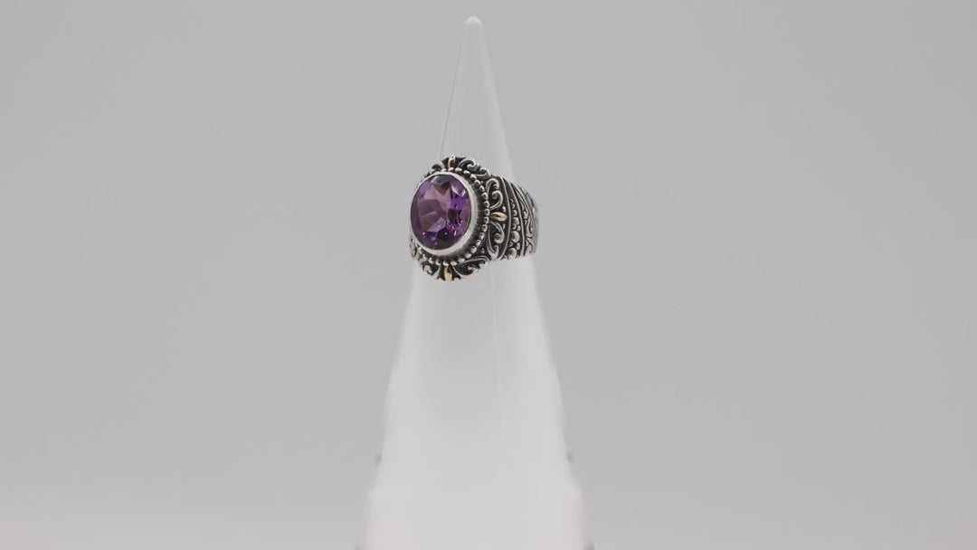 925 Sterling Silver & 18k Gold Accents Amethyst Ring Size 6