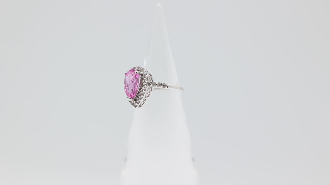 925 Sterling Silver Pear Cut Pink Sapphire Stone with White Sapphire Halo Ring Size 7