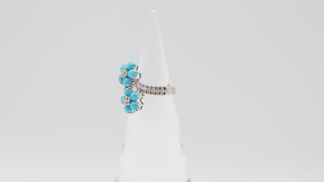 14k White Gold Double Sleeping Beauty Turquoise Flower and Diamonds Ring Size 8.25