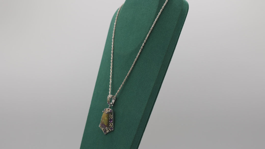 925 Sterling Silver Jasper and Amethyst Pendant & 23 Inch Twisted Chain