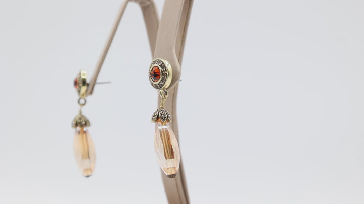 Heidi Daus Vintage Gold Tone Large Orange Tone Rhinestone Drop Dangle Stud Earrings