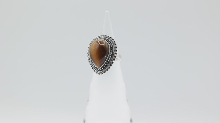 925 Sterling Silver Band Ring with Pear Cut 20x15mm Tigers Eye Stone Size 7.5