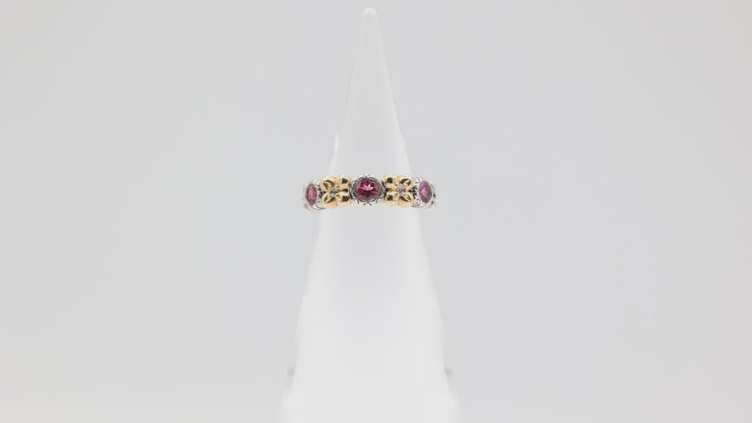 925 Sterling Silver Bixby with Gold Flower Accents and Pink Quartz Round Stones Ring Size 6