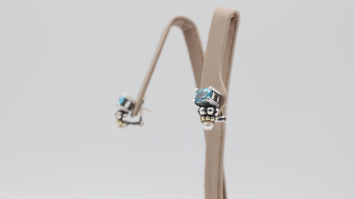 Lagos Caviar 925 and 750/18K Yellow Gold Blue Topaz and Pearl Omega Earrings