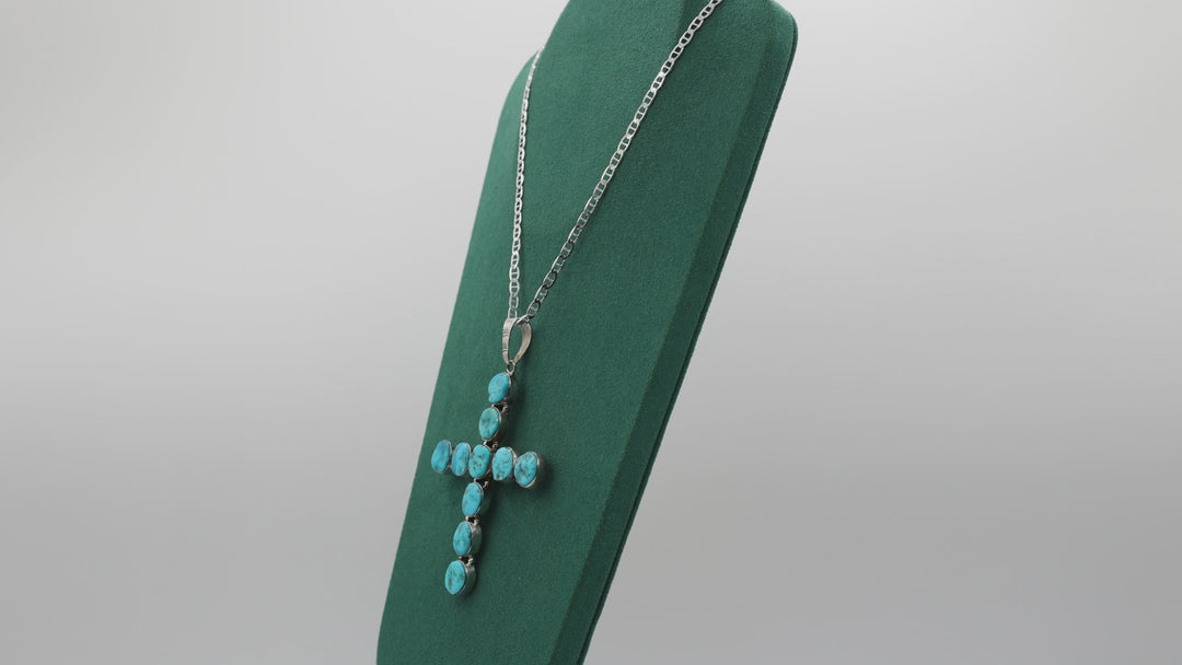 Silver Bottlecap Chain 16 Inch Turquoise Cross Necklace