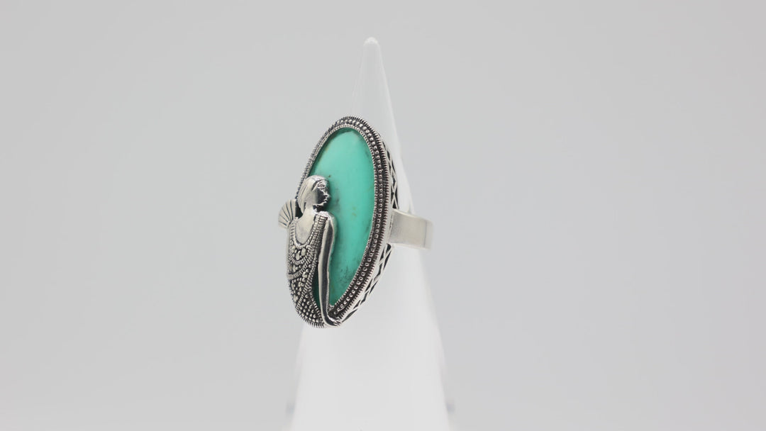 925 Sterling Silver Turquoise and Marcasite Woman Holding Fan Ring Size 6