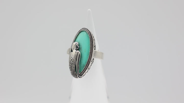 925 Sterling Silver Turquoise and Marcasite Woman Holding Fan Ring Size 6