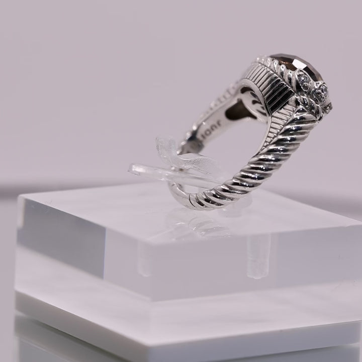 925 Sterling Silver Judith Ripka Smokey Quartz Ring with Twisted Band Design- Size 6