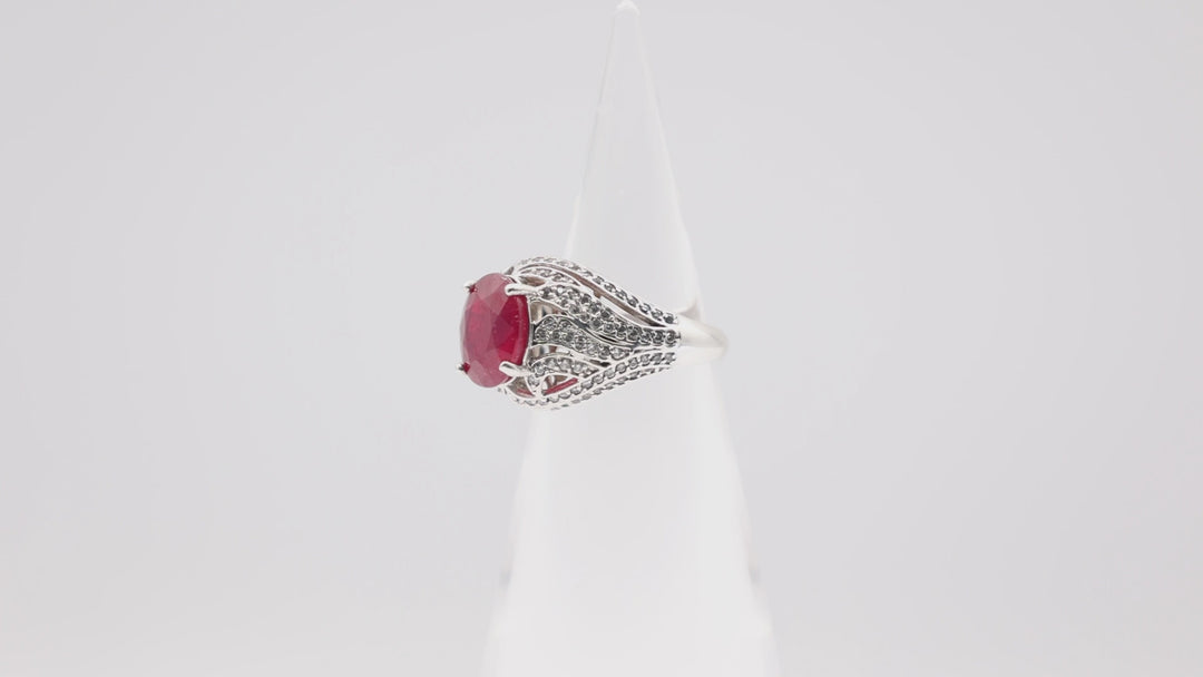 925 Silver Ruby Statement Ring 12mmx10mm White CZ Size 9