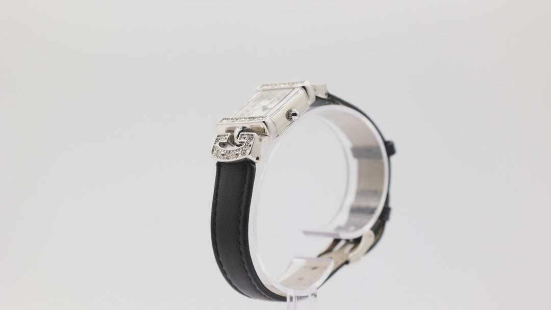 Avon Silver Tone White Pearl Dial Pave Black Leather Watch