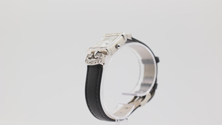 Avon Silver Tone White Pearl Dial Pave Black Leather Watch