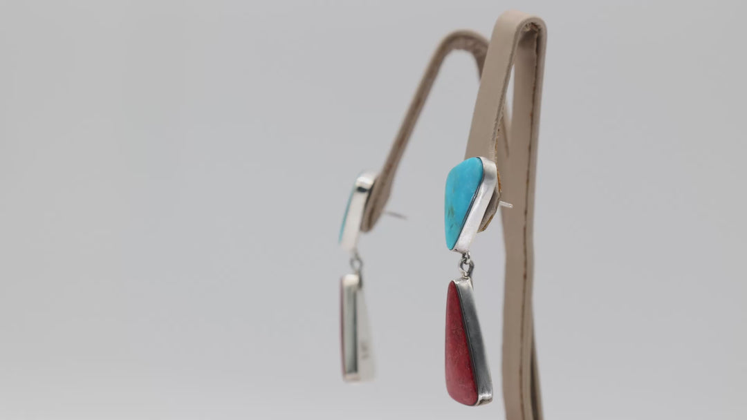 925 Sterling Silver M.Lee Navajo Coral & Turquoise Dangle Earrings