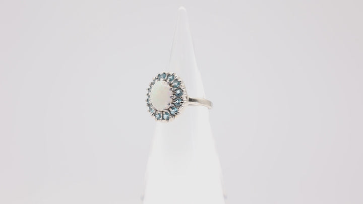 14k White Gold Opal with Topaz Halo Ring - Size 6