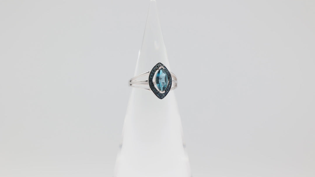 925 Sterling Silver Double Open Band Marquise Cut Blue Spinel Diamond Halo Ring Size 7.5