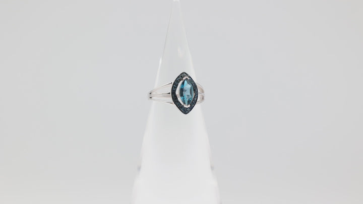 925 Sterling Silver Double Open Band Marquise Cut Blue Spinel Diamond Halo Ring Size 7.5