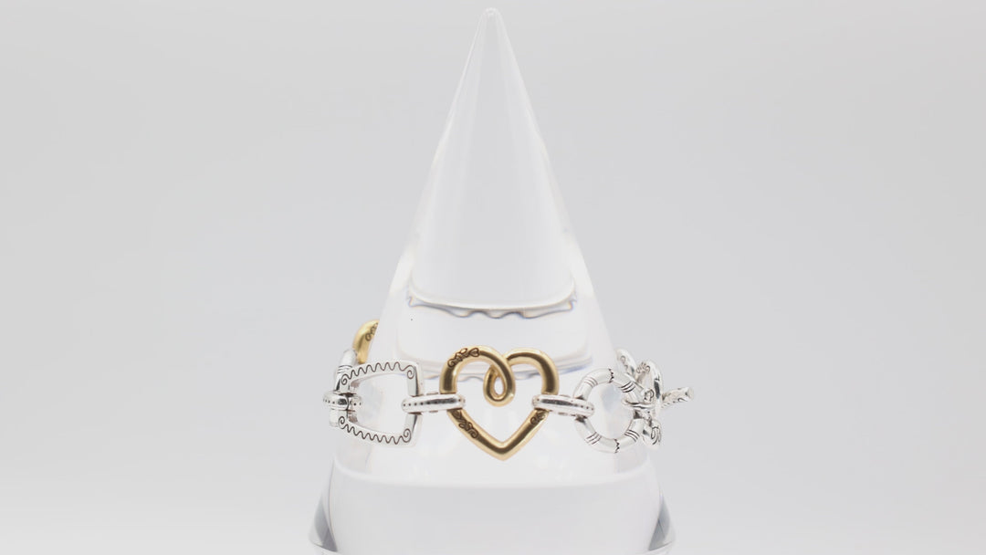 Costume Silver and Gold Toned Heart Link Chain Bracelet 7.5 Inches