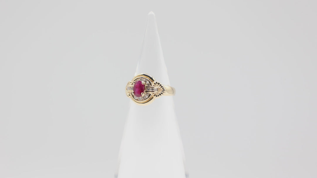 14k Yellow Pink Ruby 6mmx5mm with White Diamond Halo Ring Size 4.75