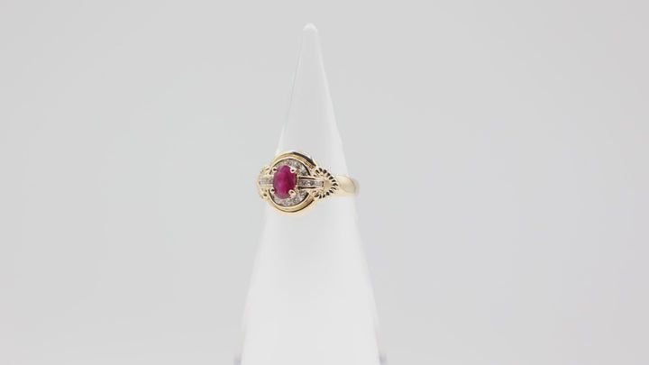 14k Yellow Pink Ruby 6mmx5mm with White Diamond Halo Ring Size 4.75