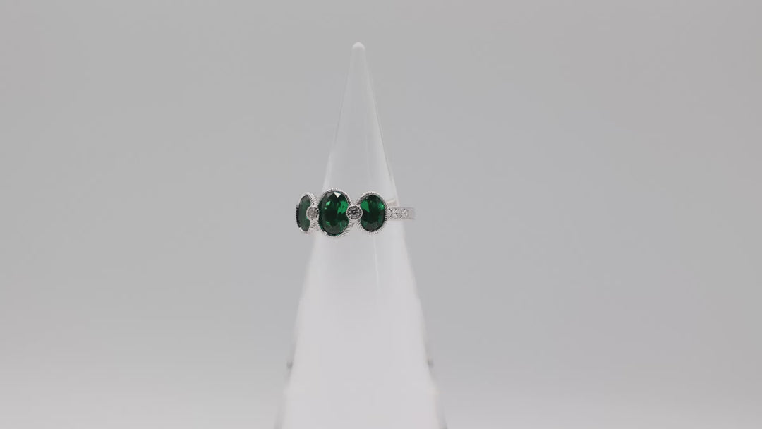Judith Ripka 925 Sterling Silver Green Three Stone Ring Size 6.75