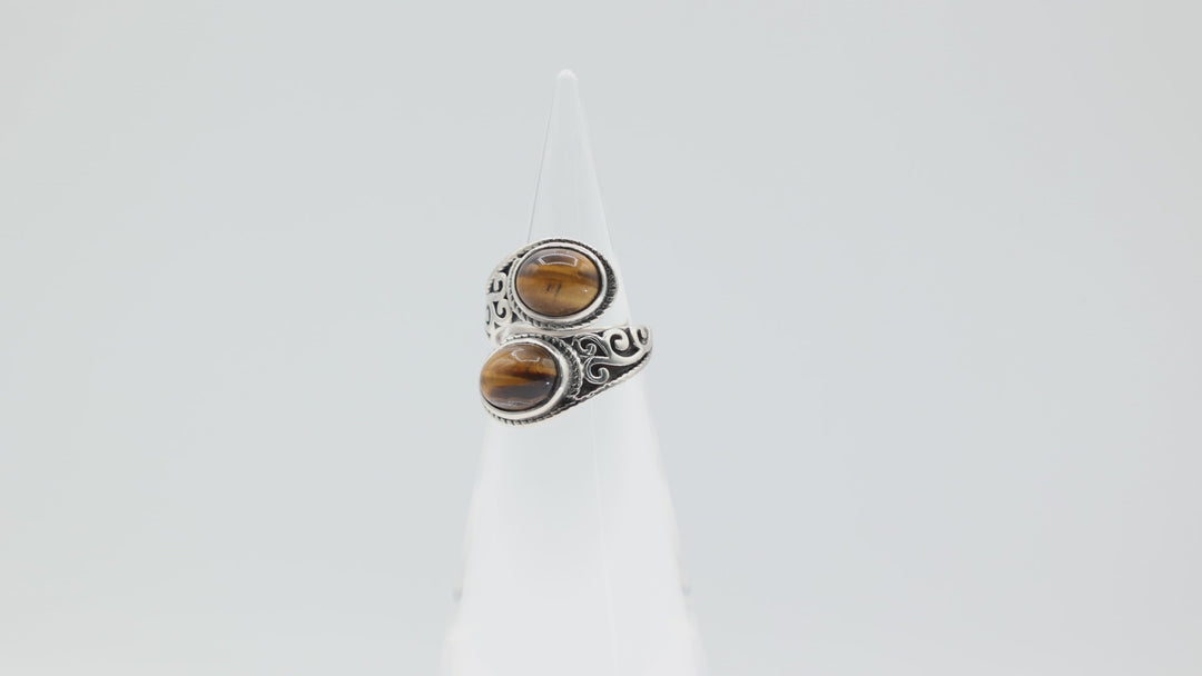 925 Sterling Silver Double Tigers Eye Stone Ring Size 6.25