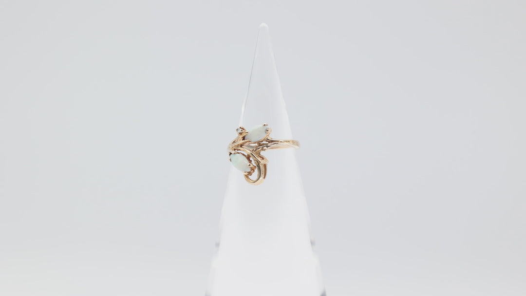 10k Yellow Gold Band with Two Opal Stones and Diamond Ring Size