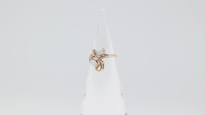 10k Yellow Gold Band with Two Opal Stones and Diamond Ring Size