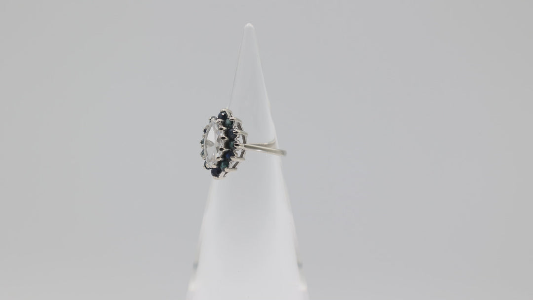 14K White Gold Blue Sapphire and CZ Marquise Stone Ring Size 5.75