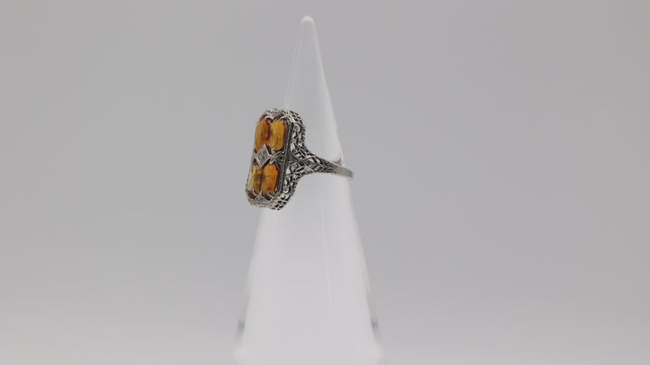14K White Gold Citrine Filigree Ring With 4mm Stones Size 5
