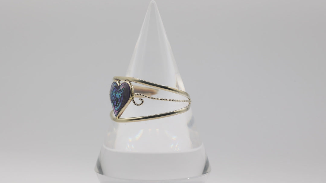 925 Sterling Silver Purple Alpaca Abalone Heart Cuff Bracelet