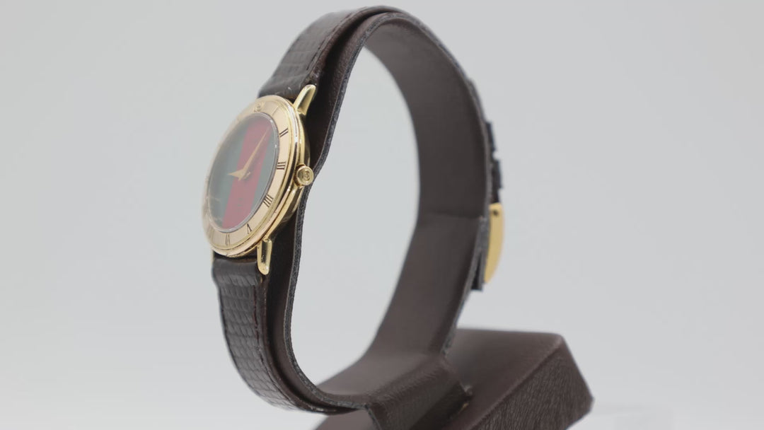 Gucci Gold Tone Watch With Green And Red Dial Brown Leather Strap