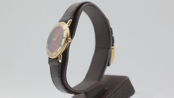 Gucci Gold Tone Watch With Green And Red Dial Brown Leather Strap
