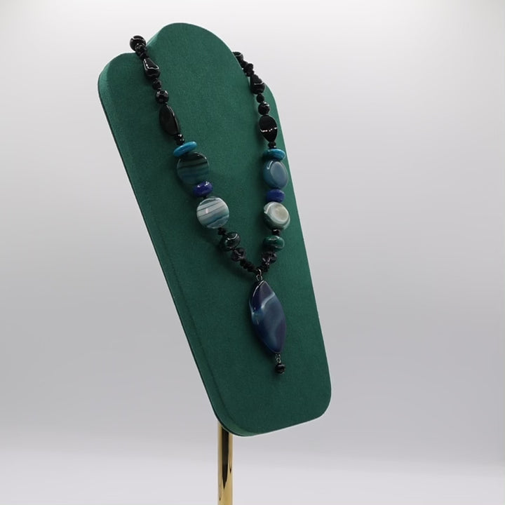 925 Sterling Silver Agate Turquoise Onyx Necklace - 20 Inches