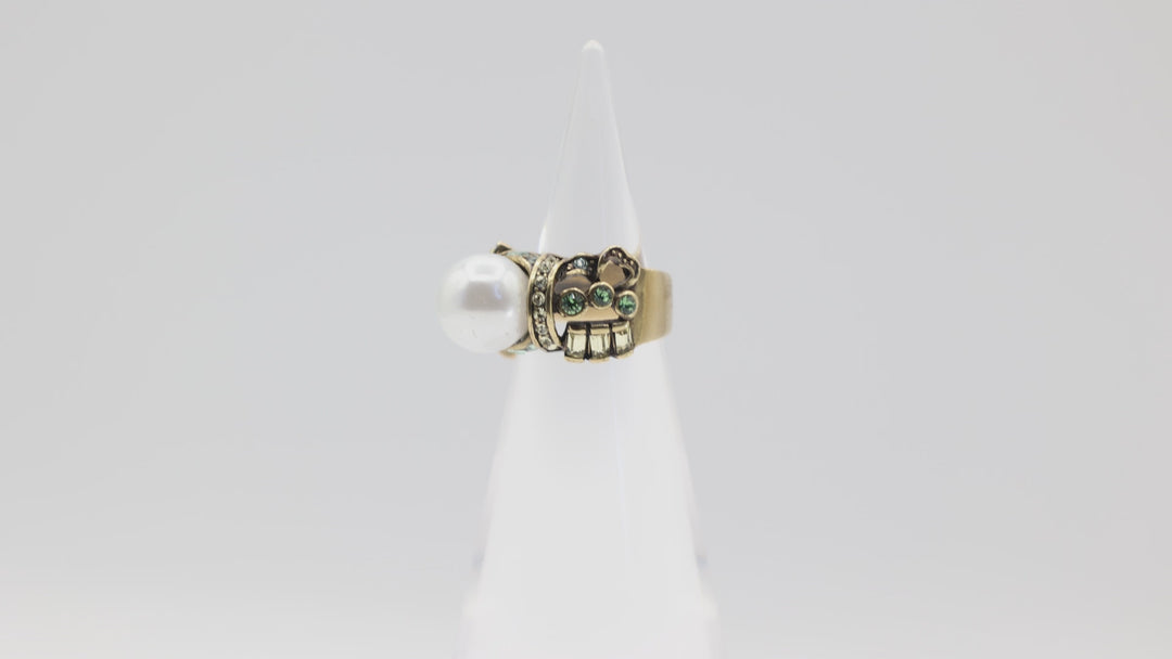 Heidi Daus Large Pearl Stone and Blue Crystal Accent Ring Size 6.5