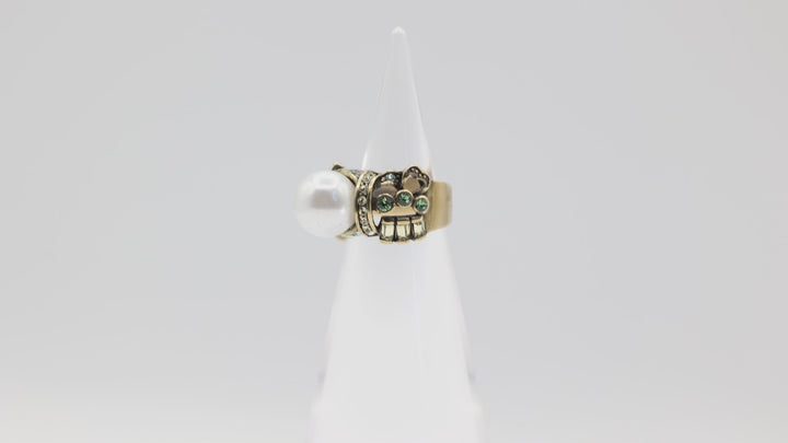 Heidi Daus Large Pearl Stone and Blue Crystal Accent Ring Size 6.5