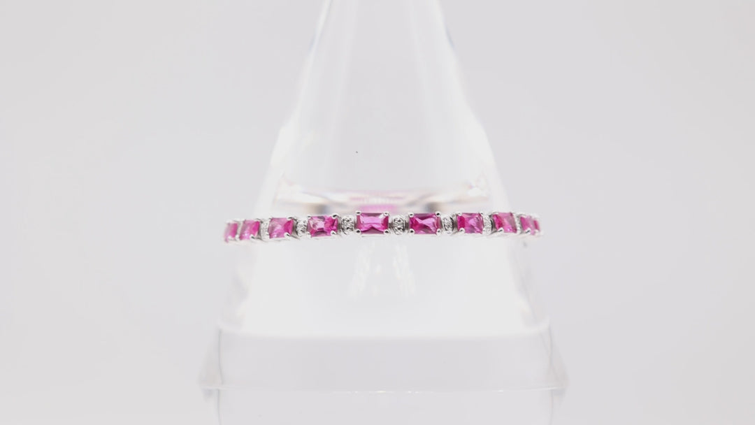 925 Silver Pink Sapphire Crystals and White Diamonds Tennis Bracelet 7.5 in.