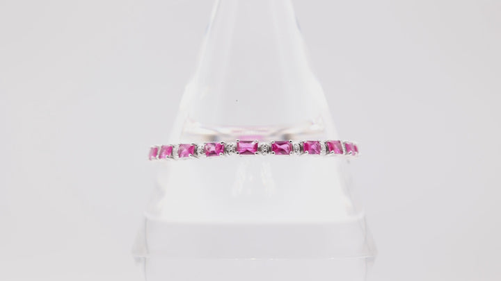 925 Silver Pink Sapphire Crystals and White Diamonds Tennis Bracelet 7.5 in.