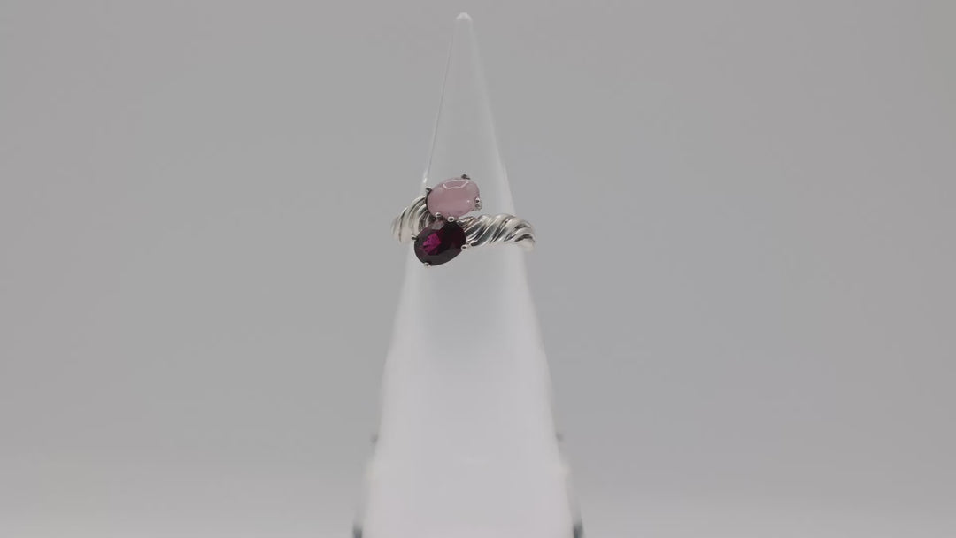 925 Sterling Silver Rose Gold Quartz and Grape Garnet Bypass Ring Size 6.75