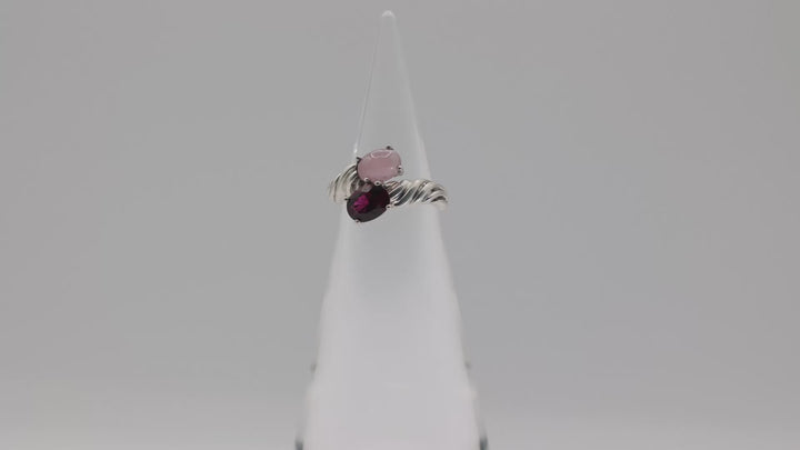 925 Sterling Silver Rose Gold Quartz and Grape Garnet Bypass Ring Size 6.75