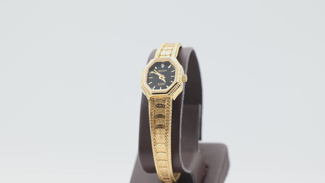 Elgin Women's Stainless Steel Gold Black Dial Diamond Watch