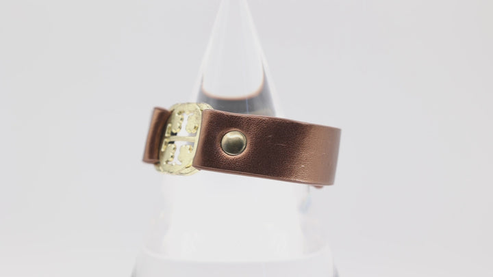 Tory Burch Gold Tone Logo And Brown Leather Strap Bracelet